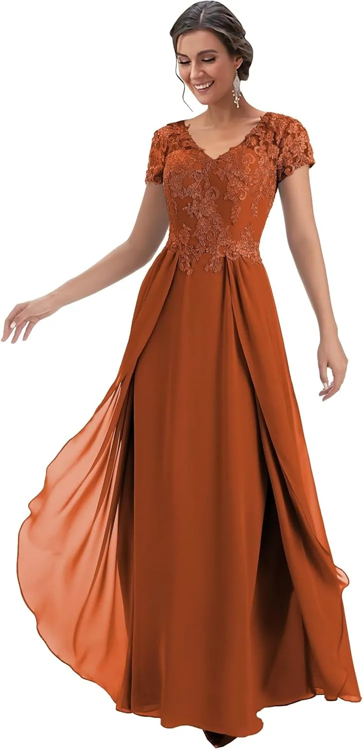 Lace Mother of The Bride Dresses for Wedding Chiffon Long Mother of The Groom Dresses with Short Sleeves