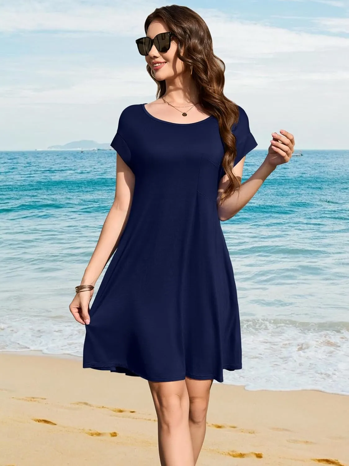 LARACE Plus Size Women Swimsuit Cover Up Cap Sleeve Summer Beach Coverups Loose Shirt Dress Swimwear Sundress with Pockets