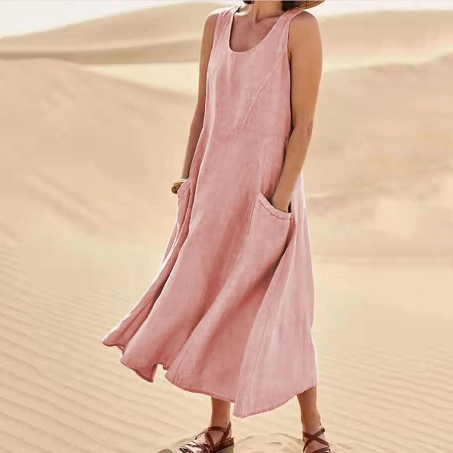 Linen Dress Women Summer Trendy Sleeveless Long Tank Dresses Plus Size Vacation Boho Beach Sundresses with Pockets