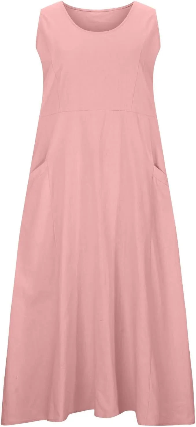 Linen Dress Women Summer Trendy Sleeveless Long Tank Dresses Plus Size Vacation Boho Beach Sundresses with Pockets
