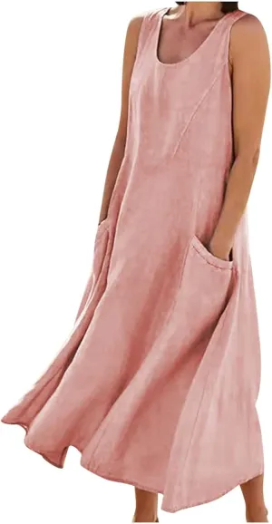 Linen Dress Women Summer Trendy Sleeveless Long Tank Dresses Plus Size Vacation Boho Beach Sundresses with Pockets