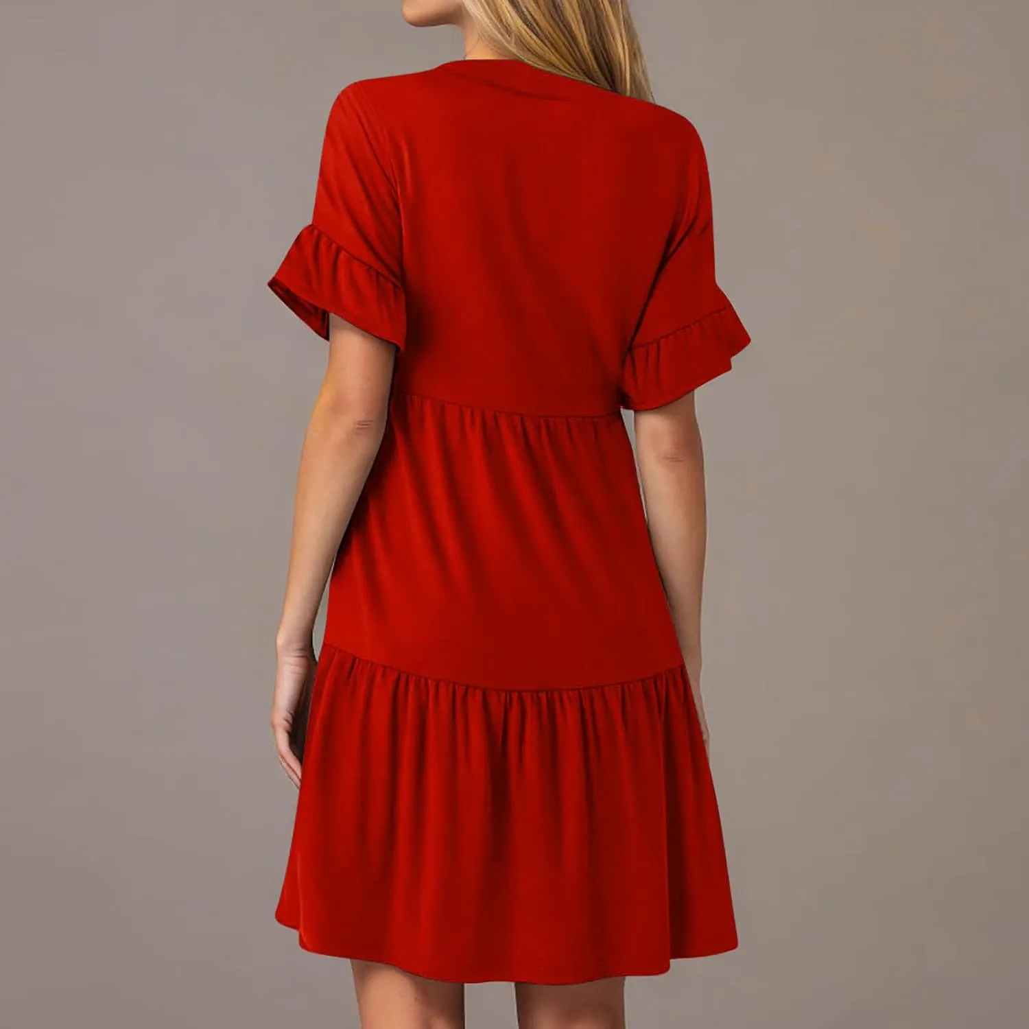 Lmdudan Dresses for Women Summer V Neck Ruffle Sleeve A Line Tiered Flowy Dresses Casual Trendy Mini Beach Dress with Pockets