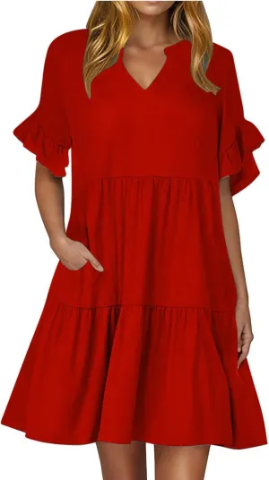 Lmdudan Dresses for Women Summer V Neck Ruffle Sleeve A Line Tiered Flowy Dresses Casual Trendy Mini Beach Dress with Pockets