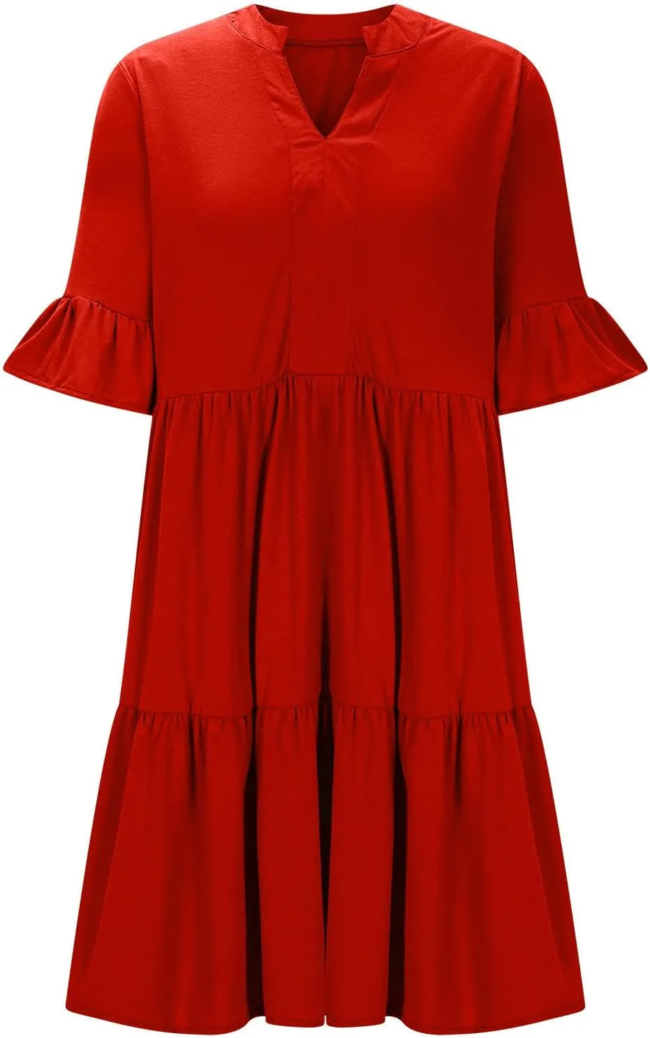 Lmdudan Dresses for Women Summer V Neck Ruffle Sleeve A Line Tiered Flowy Dresses Casual Trendy Mini Beach Dress with Pockets