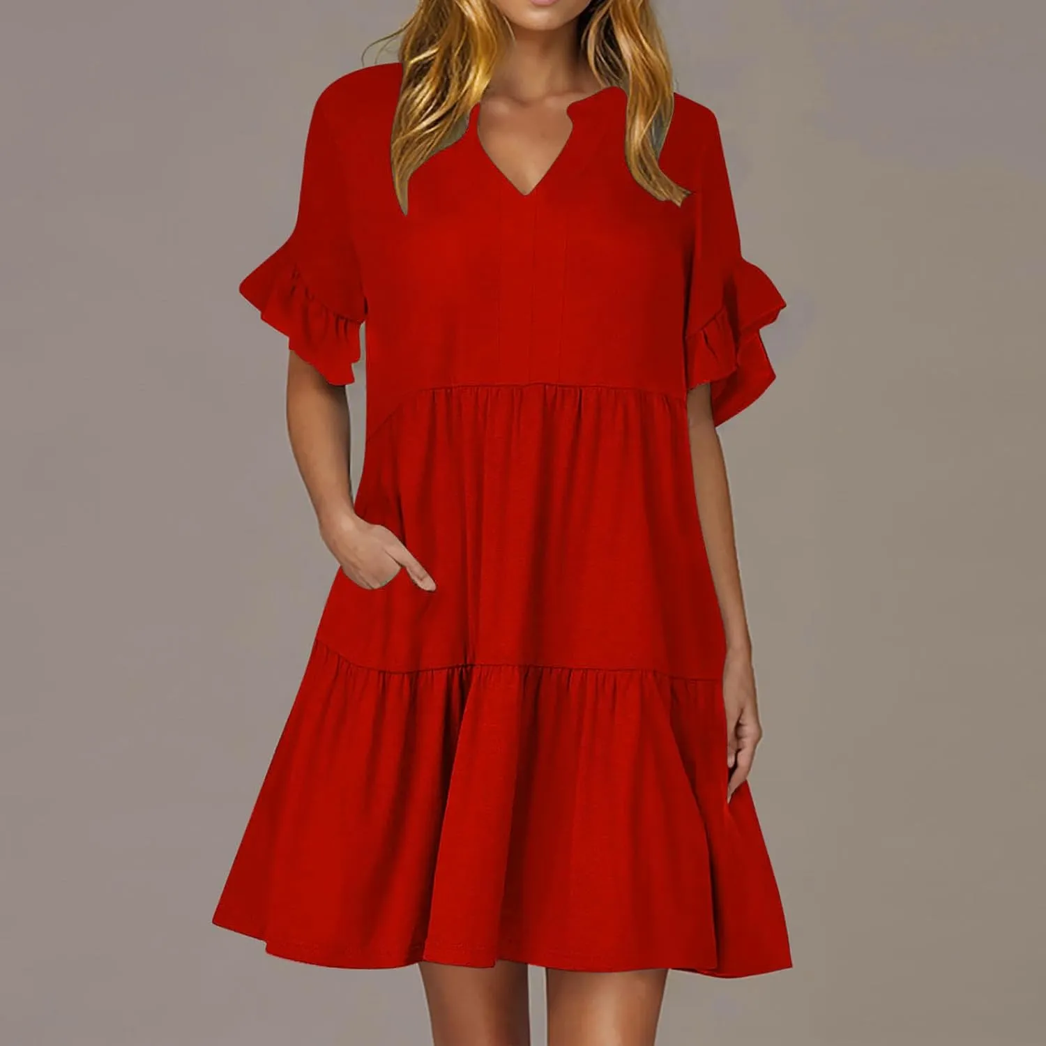Lmdudan Dresses for Women Summer V Neck Ruffle Sleeve A Line Tiered Flowy Dresses Casual Trendy Mini Beach Dress with Pockets