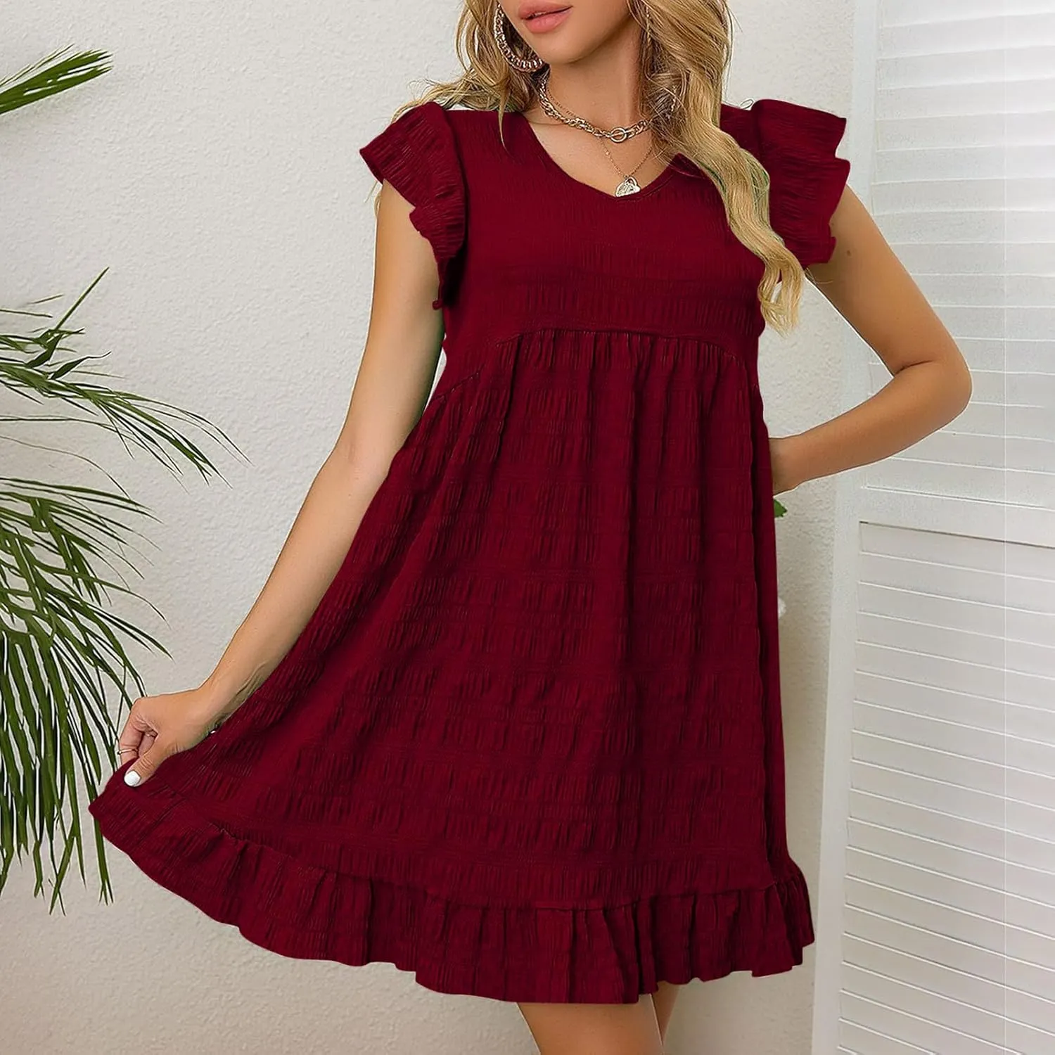 Lmdudan Summer Ruffle Cap Sleeve Mini Dress Women 2025 Spring Swing V Neck Vacation Beach Dress Cute Babydoll Short Sundress