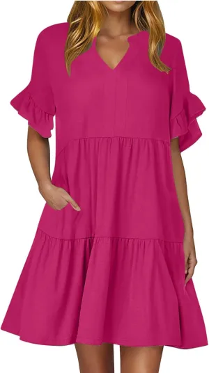 Lmdudan Womens Mini Beach Dress with Pockets 2025 Summer Trendy Dresses Ruffle Short Sleeve V Neck A Line Tiered Flowy Dress