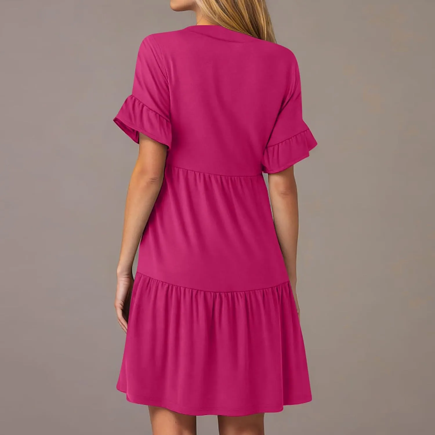 Lmdudan Womens Mini Beach Dress with Pockets 2025 Summer Trendy Dresses Ruffle Short Sleeve V Neck A Line Tiered Flowy Dress