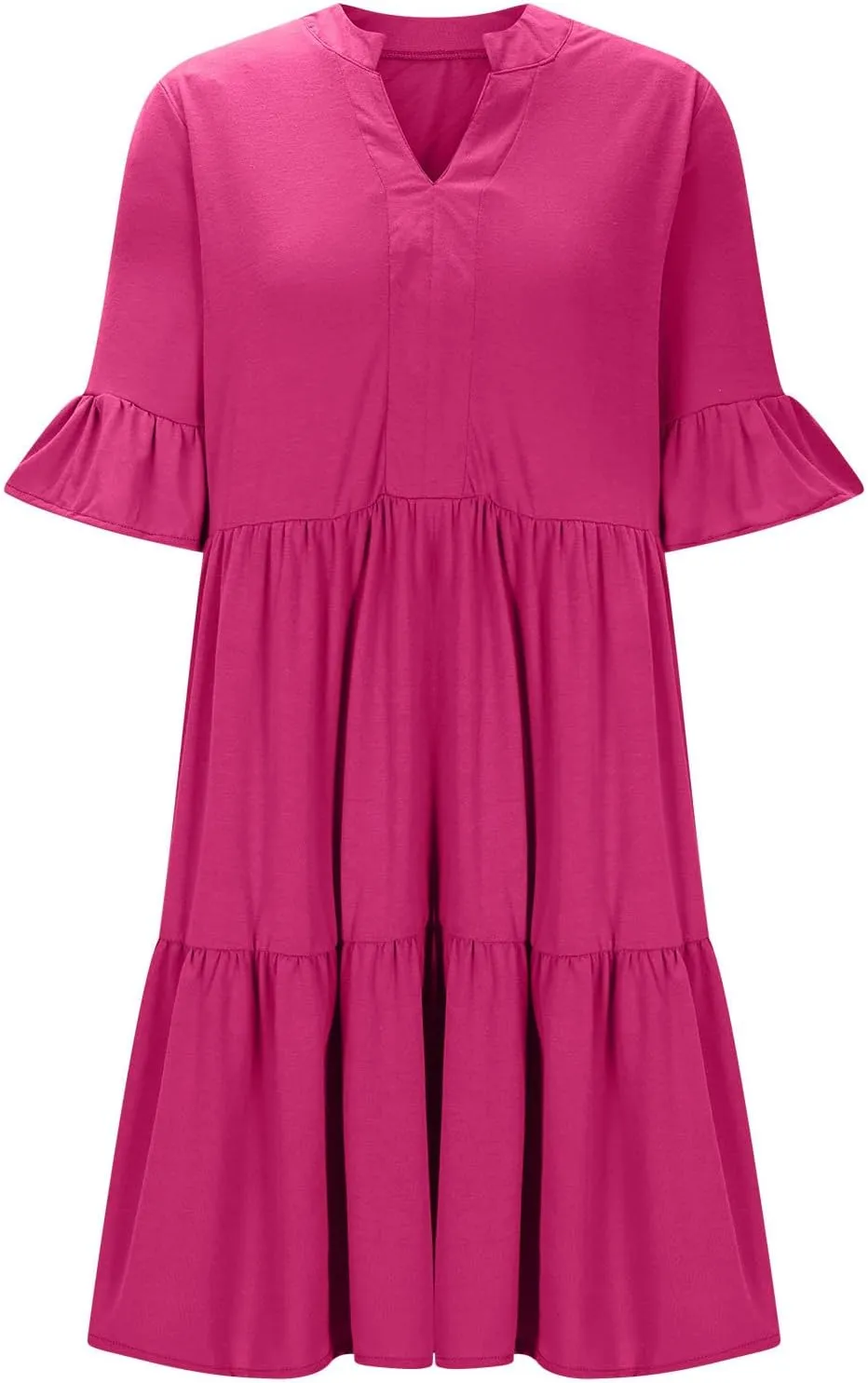 Lmdudan Womens Mini Beach Dress with Pockets 2025 Summer Trendy Dresses Ruffle Short Sleeve V Neck A Line Tiered Flowy Dress