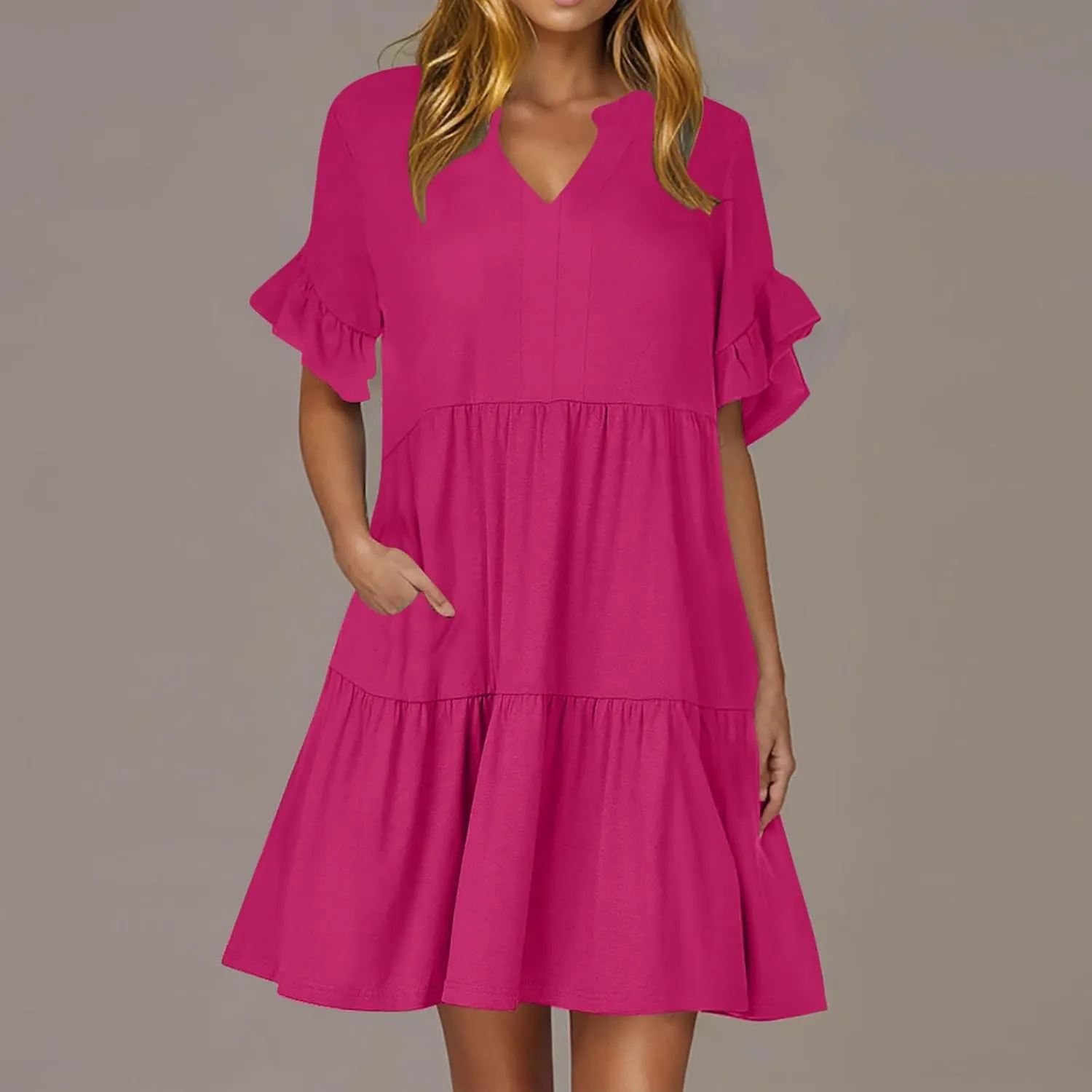 Lmdudan Womens Mini Beach Dress with Pockets 2025 Summer Trendy Dresses Ruffle Short Sleeve V Neck A Line Tiered Flowy Dress