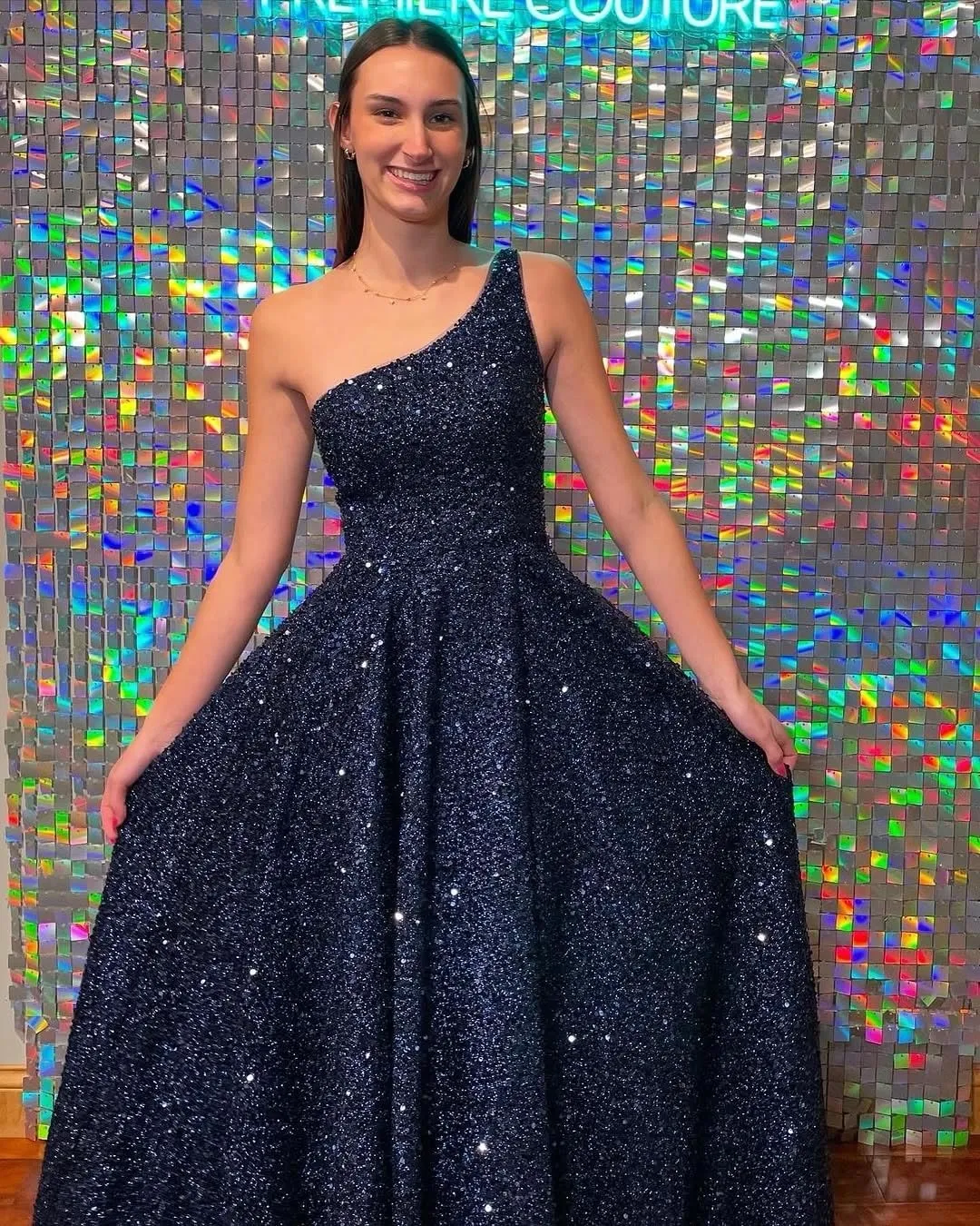 Long Sequin Prom Dresses for Women 2025 One Shoulder A Line Formal Dress with Pockets