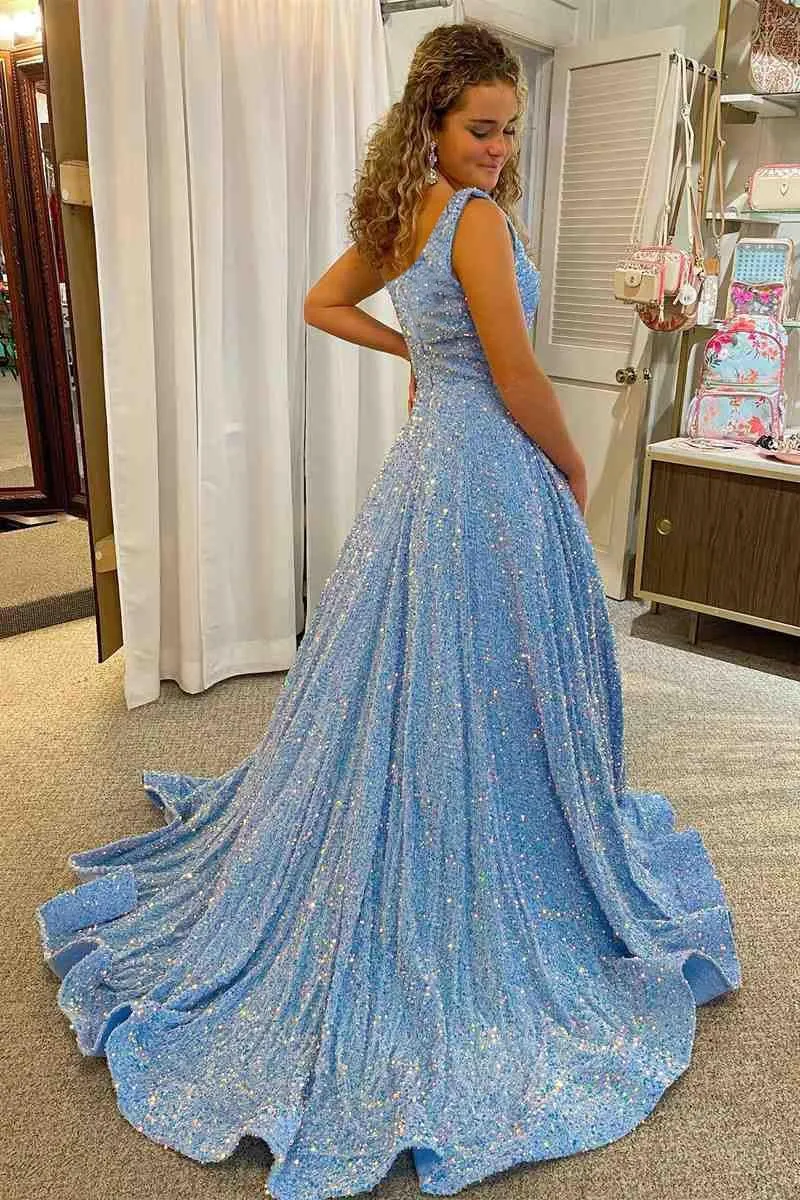 Long Sequin Prom Dresses for Women 2025 One Shoulder A Line Formal Dress with Pockets