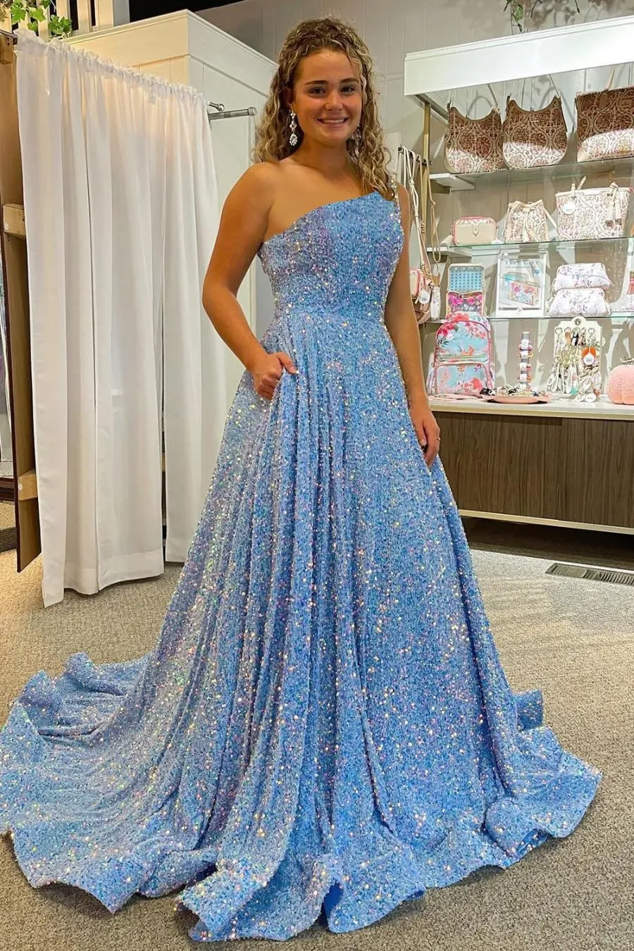 Long Sequin Prom Dresses for Women 2025 One Shoulder A Line Formal Dress with Pockets