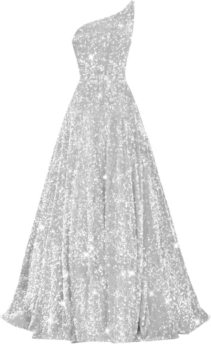 Long Sequin Prom Dresses for Women 2025 One Shoulder A Line Formal Dress with Pockets