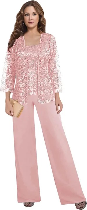 MAGGCIF 3 Pieces Mother of The Bride Pant Suits for Wedding Dressy with Jacket Chiffon Lace Sets Formal Evening Outfit