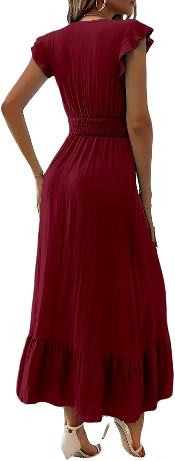 Maxi Dresses for Women V Neck Ruffle Sleeve Summer Dress Dressy Tunic Tiered Ruched Long Dresses Smocked Beach Dress
