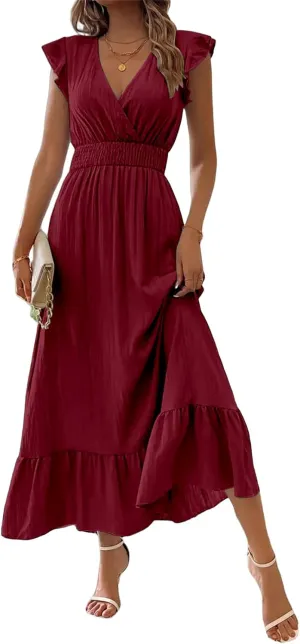 Maxi Dresses for Women V Neck Ruffle Sleeve Summer Dress Dressy Tunic Tiered Ruched Long Dresses Smocked Beach Dress