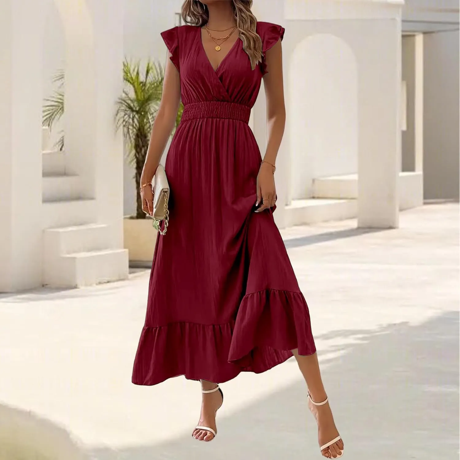 Maxi Dresses for Women V Neck Ruffle Sleeve Summer Dress Dressy Tunic Tiered Ruched Long Dresses Smocked Beach Dress