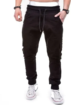 Men Casual Jogger Athletic Slim Fit Long Pant Hip Hop Chino Pocket Trousers Drawstring Outdoor Work Military Tactical Pants (Black,Medium)
