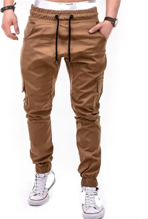 Men Slim Fit Casual Jogger Athletic Long Pant Hip Hop Chino Pocket Trousers Drawstring Outdoor Work Military Tactical Pants (Khaki,Medium)