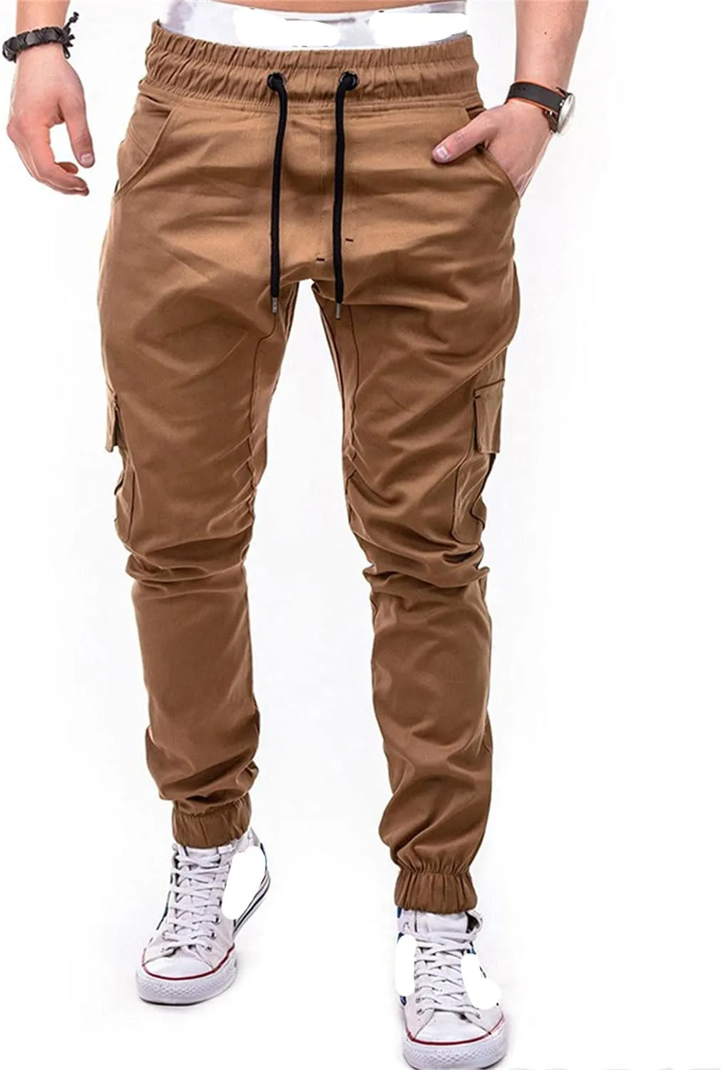 Men Slim Fit Casual Jogger Athletic Long Pant Hip Hop Chino Pocket Trousers Drawstring Outdoor Work Military Tactical Pants (Khaki,Medium)