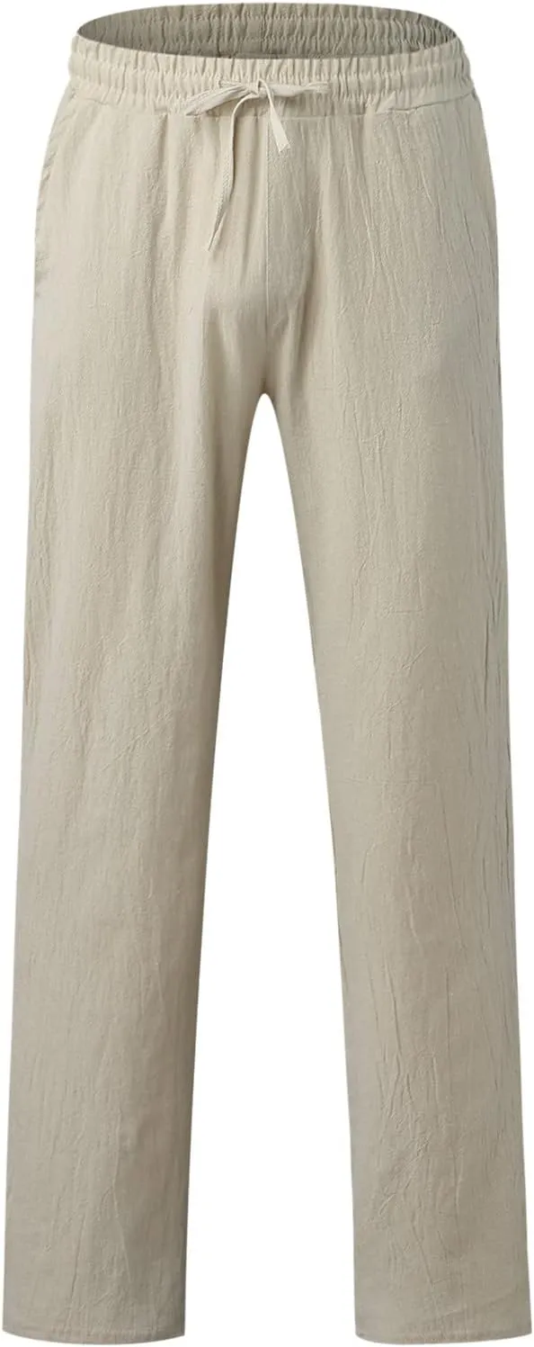 Men's Drawstring Linen Pants Casual Elastic Waist Summer Trousers Slim Fit Comfy Holiday Yoga Pants with Pockets 2025