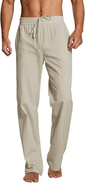 Men's Drawstring Linen Pants Casual Elastic Waist Summer Trousers Slim Fit Comfy Holiday Yoga Pants with Pockets 2025
