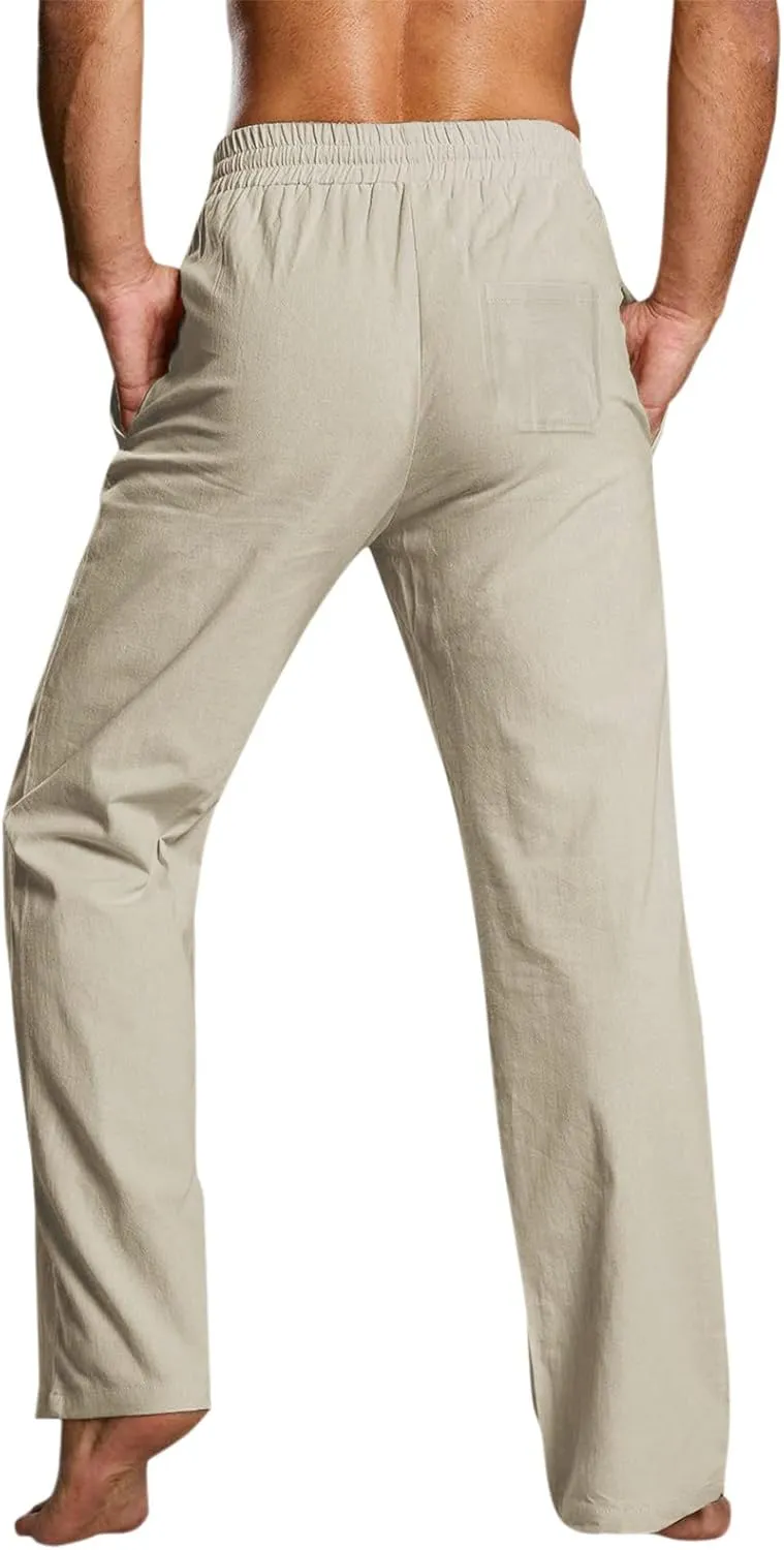 Men's Drawstring Linen Pants Casual Elastic Waist Summer Trousers Slim Fit Comfy Holiday Yoga Pants with Pockets 2025