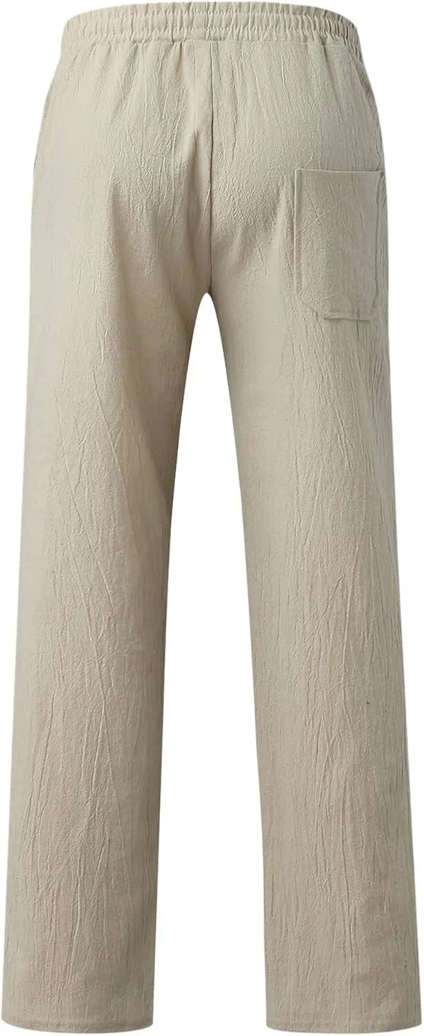 Men's Drawstring Linen Pants Casual Elastic Waist Summer Trousers Slim Fit Comfy Holiday Yoga Pants with Pockets 2025
