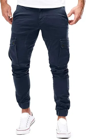 Mens Hiking Cargo Twill Pants Elastic Waist Trousers Jogger Chino Pant Slim Fit Tapered Work Trousers with Athletics Pocket (Blue,Large)