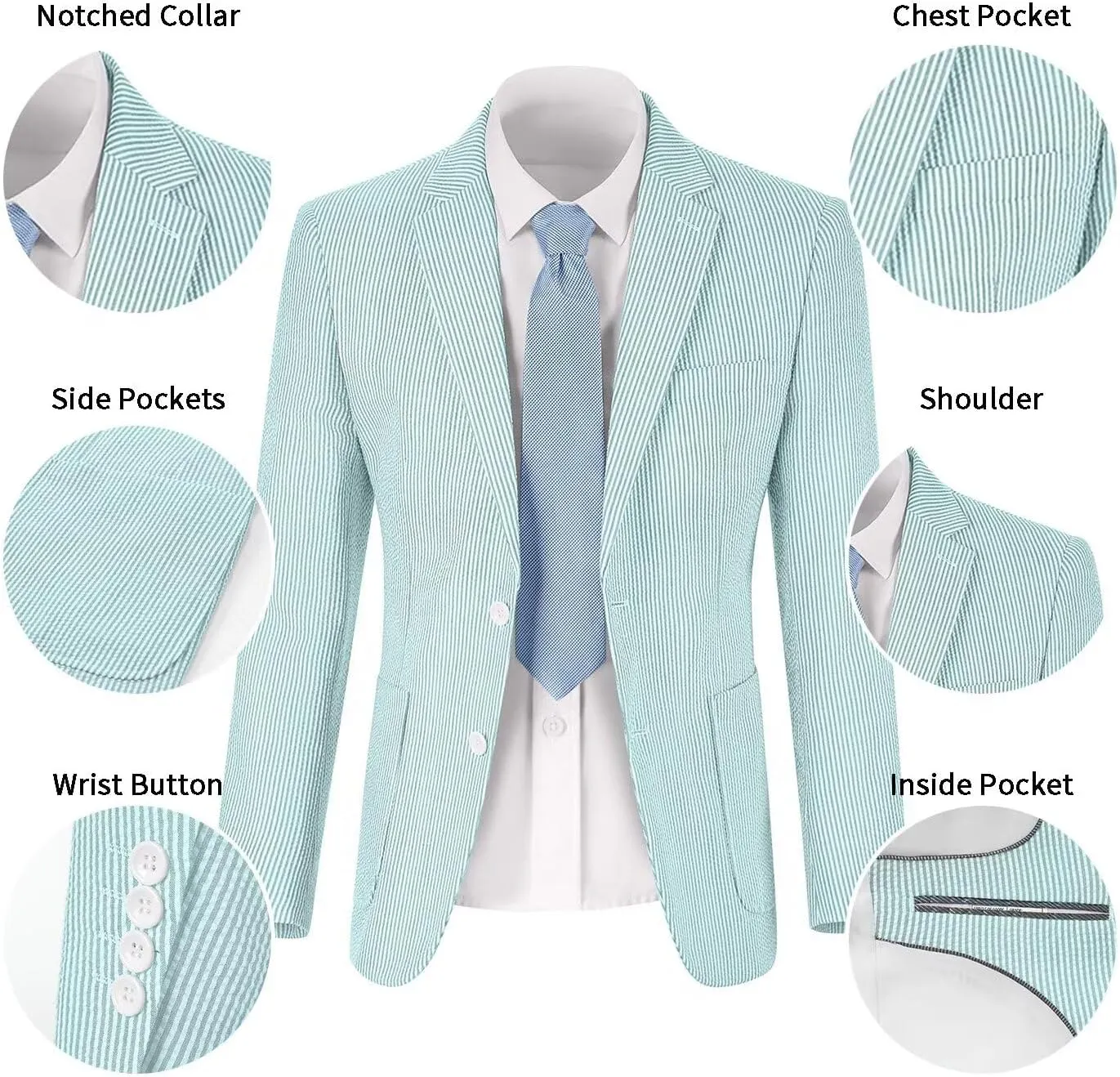 Mens Seersucker Suit Slim Fit Suits for Men Summer Striped Wedding Prom Party Dinner 2 Piece Daily Suit Jacket Blazer Pants