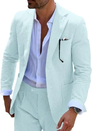 Mens Seersucker Suit Slim Fit Suits for Men Summer Striped Wedding Prom Party Dinner 2 Piece Daily Suit Jacket Blazer Pants