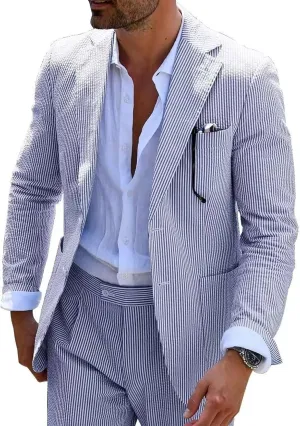 Mens Seersucker Suit Slim Fit Suits for Men Summer Striped Wedding Prom Party Dinner 2 Piece Daily Suit Jacket Blazer Pants