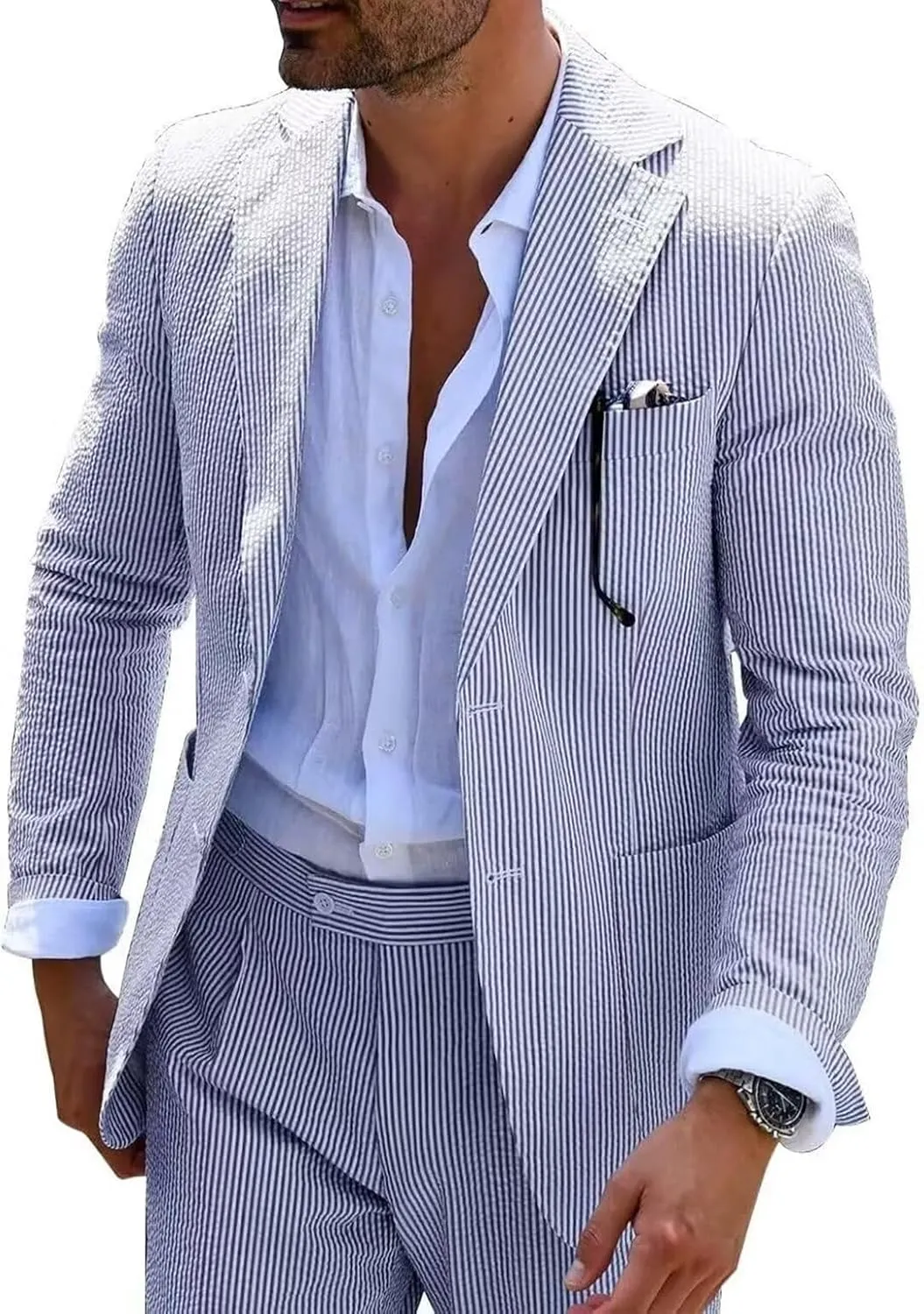 Mens Seersucker Suit Slim Fit Suits for Men Summer Striped Wedding Prom Party Dinner 2 Piece Daily Suit Jacket Blazer Pants