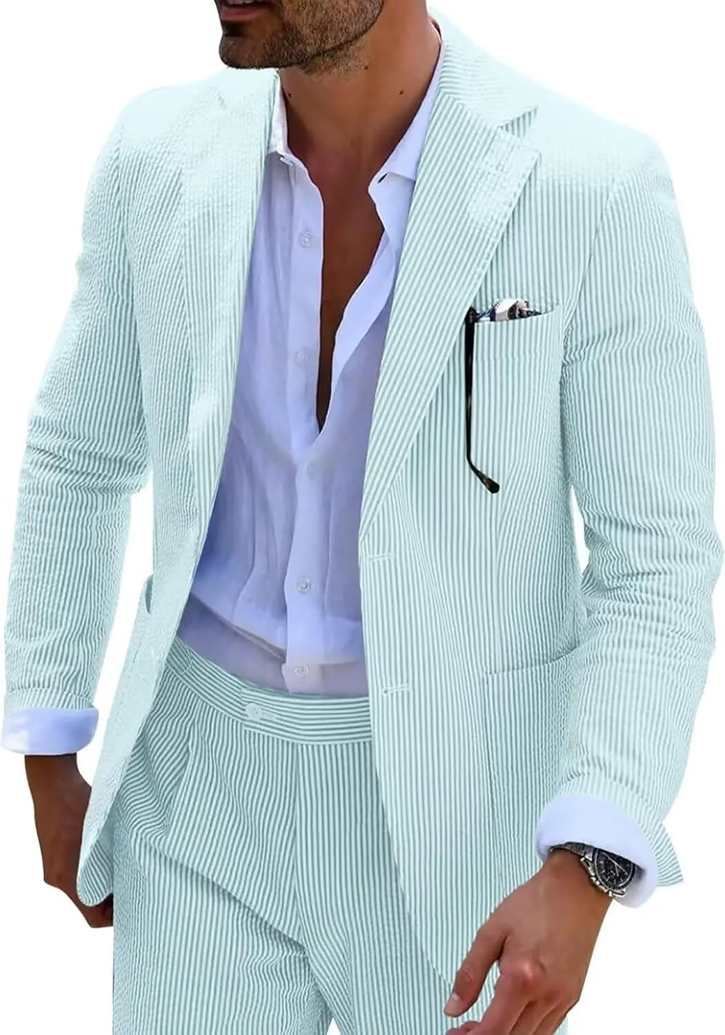 Mens Seersucker Suit Slim Fit Suits for Men Summer Striped Wedding Prom Party Dinner 2 Piece Daily Suit Jacket Blazer Pants