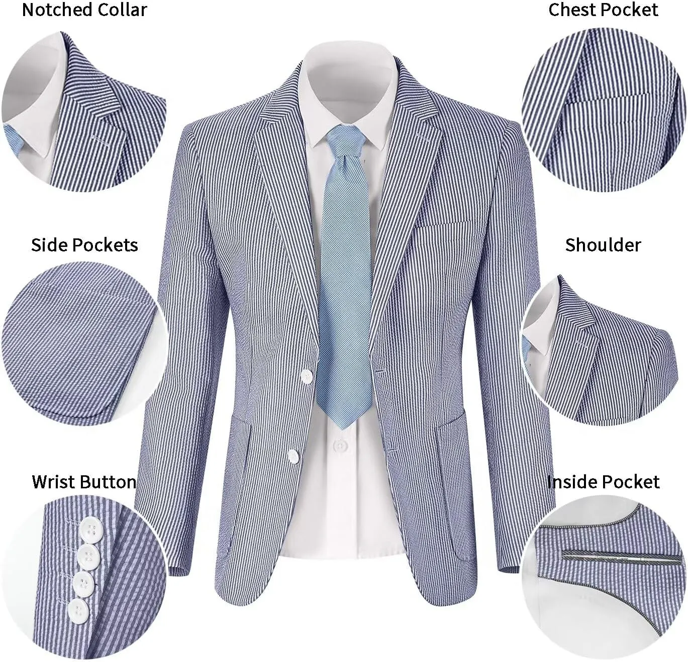 Mens Seersucker Suit Slim Fit Suits for Men Summer Striped Wedding Prom Party Dinner 2 Piece Daily Suit Jacket Blazer Pants