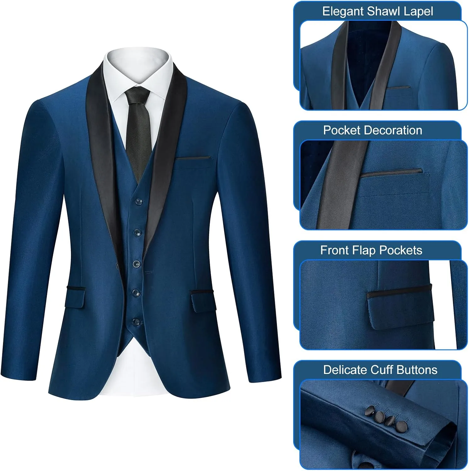 Men's Suit 3 Piece Slim Fit Suits for Men, One Button Solid Shawl Lapel Blazer Jacket Vest Pants Set for Party Wedding