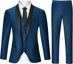 Men's Suit 3 Piece Slim Fit Suits for Men, One Button Solid Shawl Lapel Blazer Jacket Vest Pants Set for Party Wedding