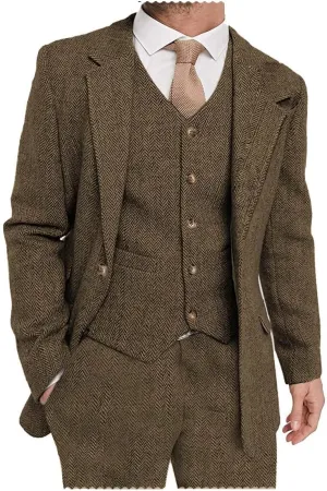 Mens Suit 3 Pieces Formal Tweed Herringbone Dress Suit Prom Tuxedos Groomsmen(Blazer Vest Pant)