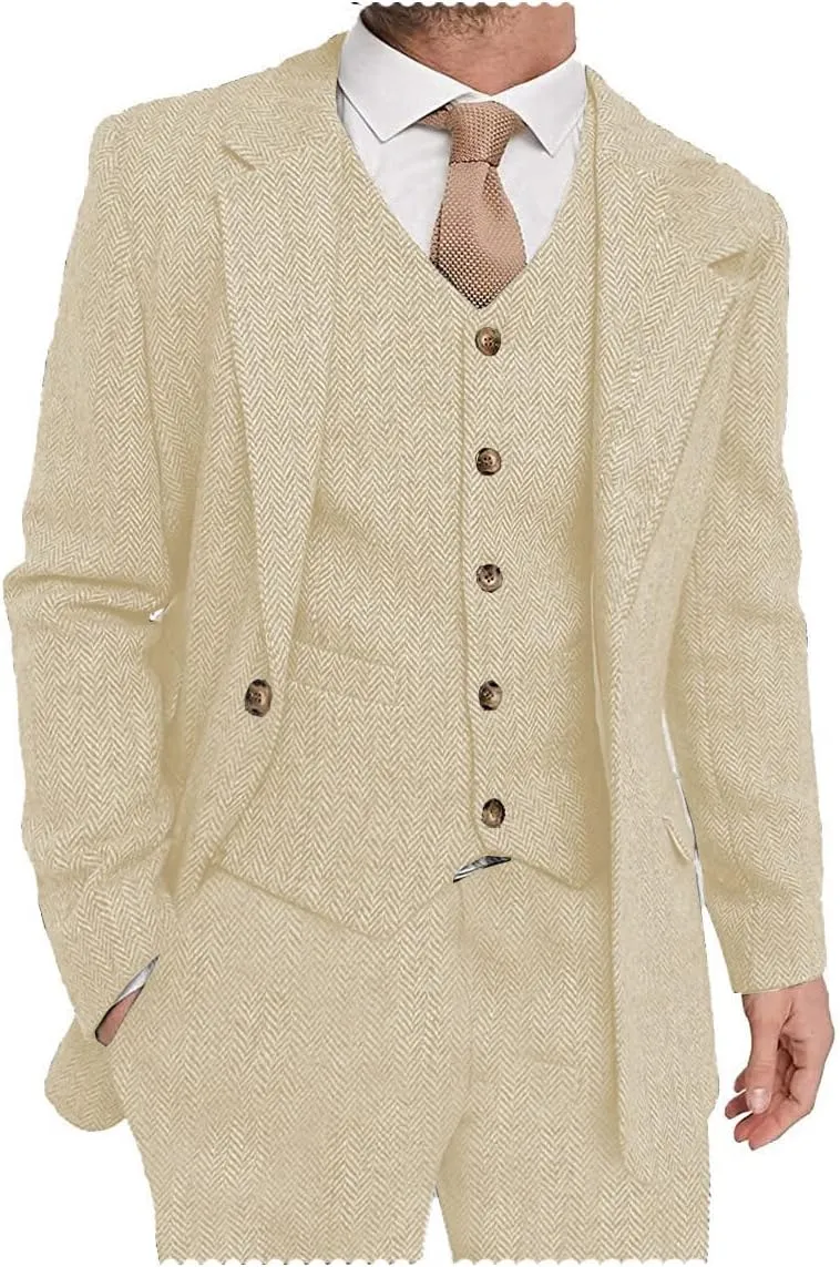 Mens Suit 3 Pieces Formal Tweed Herringbone Dress Suit Prom Tuxedos Groomsmen(Blazer Vest Pant)