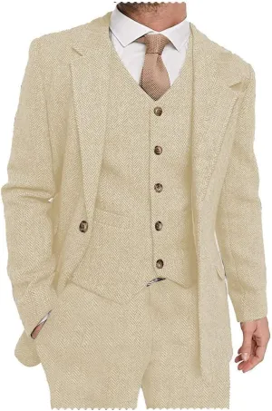 Mens Suit 3 Pieces Formal Tweed Herringbone Dress Suit Prom Tuxedos Groomsmen(Blazer Vest Pant)