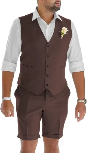 Mens Suits 2 Piece Casual Linen Suit for Men Retro Short Pants Suit Men Summer Beach Wedding Prom Vest Shorts Set