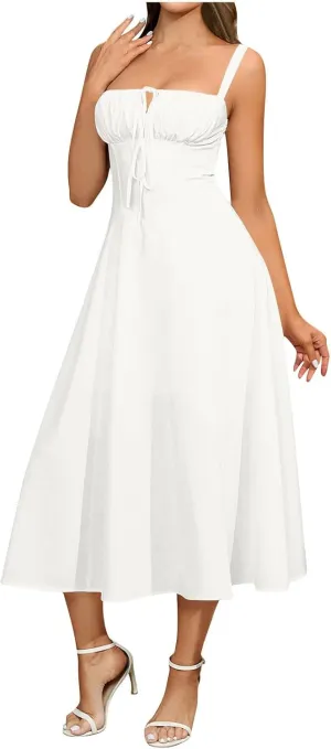 Midi Corset Dress Boho Flowy Slit Lace Up Dresses for Women Going Out A Line Casual Sundress Vacation Beach Dress