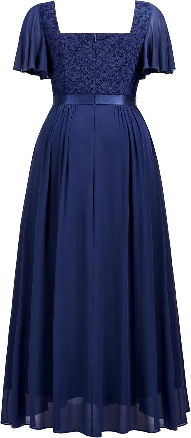 MISSMAY Women's Plus Size Floral Lace Ruffle Sleeves Beads Waist Chiffon Formal Party Maxi Dress