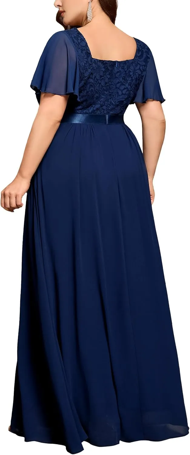 MISSMAY Women's Plus Size Floral Lace Ruffle Sleeves Beads Waist Chiffon Formal Party Maxi Dress