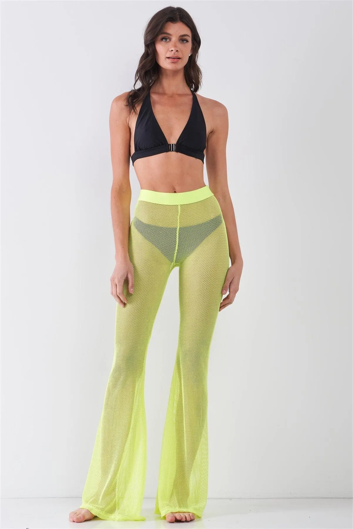 Neon Yellow Sheer Tennis Net Mesh High Waist Bell Bottom Pants /2-2-2-1