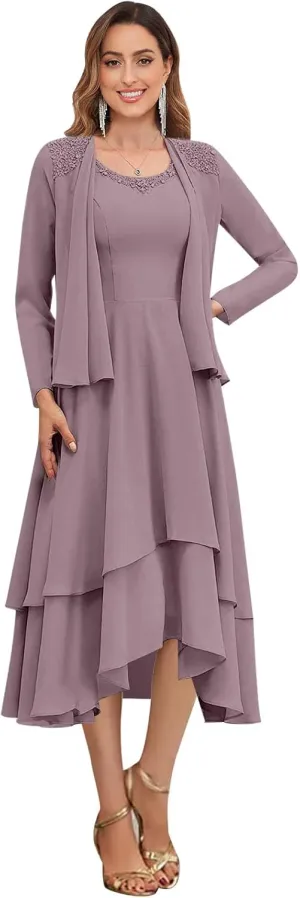 OFEECHUN 2 Piece Tea Length Mother of The Bride Dresses with Jacket Tiered Chiffon Lace Formal Wedding Party Gown