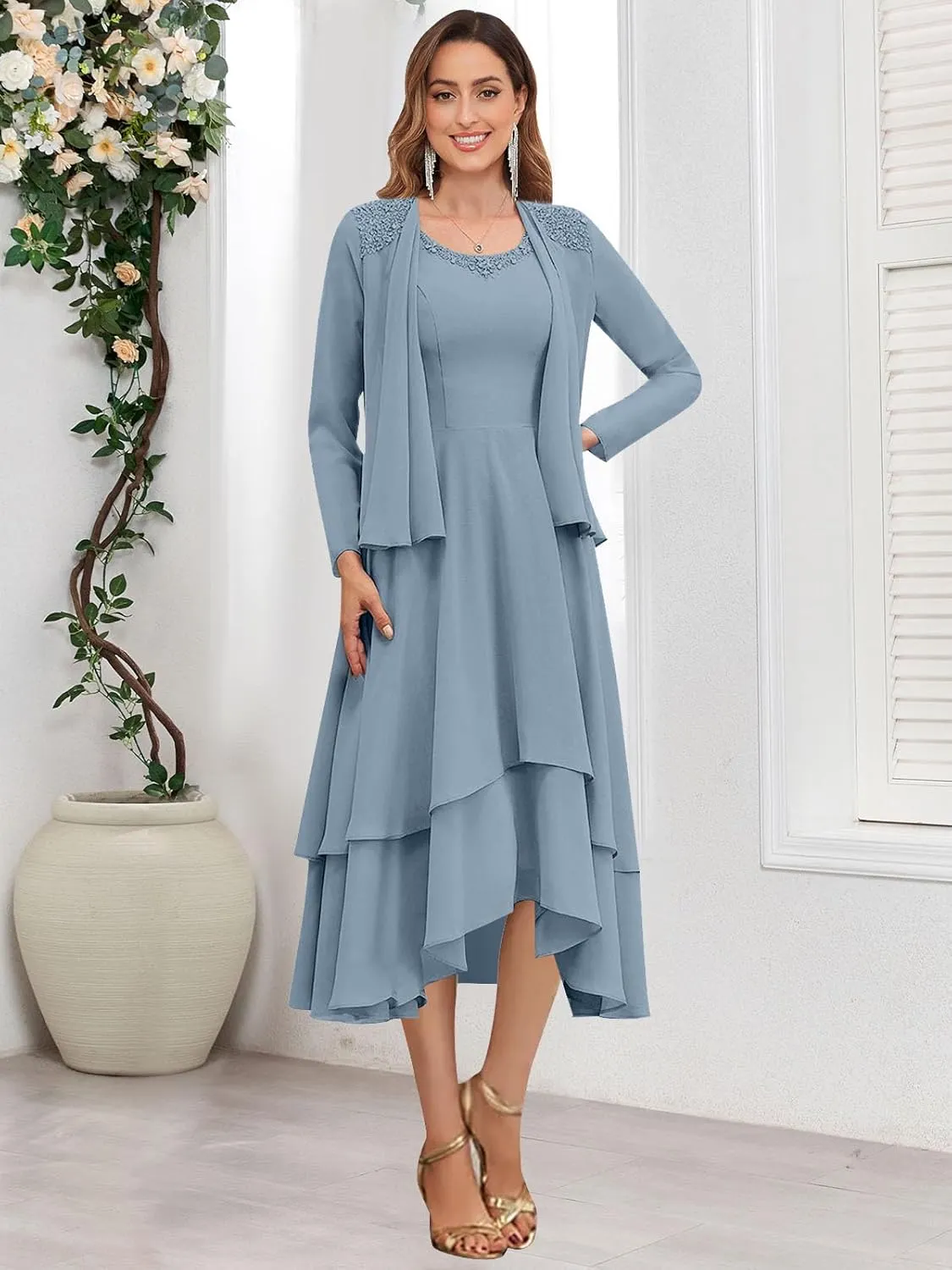 OFEECHUN 2 Piece Tea Length Mother of The Bride Dresses with Jacket Tiered Chiffon Lace Formal Wedding Party Gown