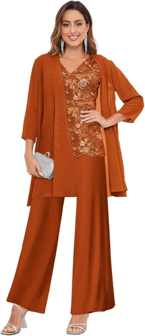OFEECHUN 3 Pieces Mother of The Bride Pant Suits for Wedding 3/4 Sleeve Chiffon Lace Formal Pants Outfit with Jacket