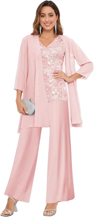 OFEECHUN 3 Pieces Mother of The Bride Pant Suits for Wedding 3/4 Sleeve Chiffon Lace Formal Pants Outfit with Jacket